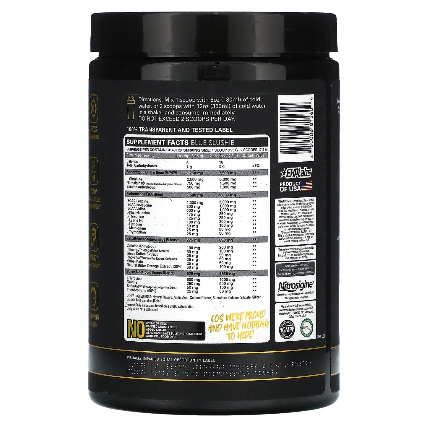 Pride Pre Workout Powder Energy Supplement - Sugar Free Preworkout for Men & Women, Energy Powder Boost Drink with BCAA - 280Mg of Caffeine - Blue Slushie (40 Servings)