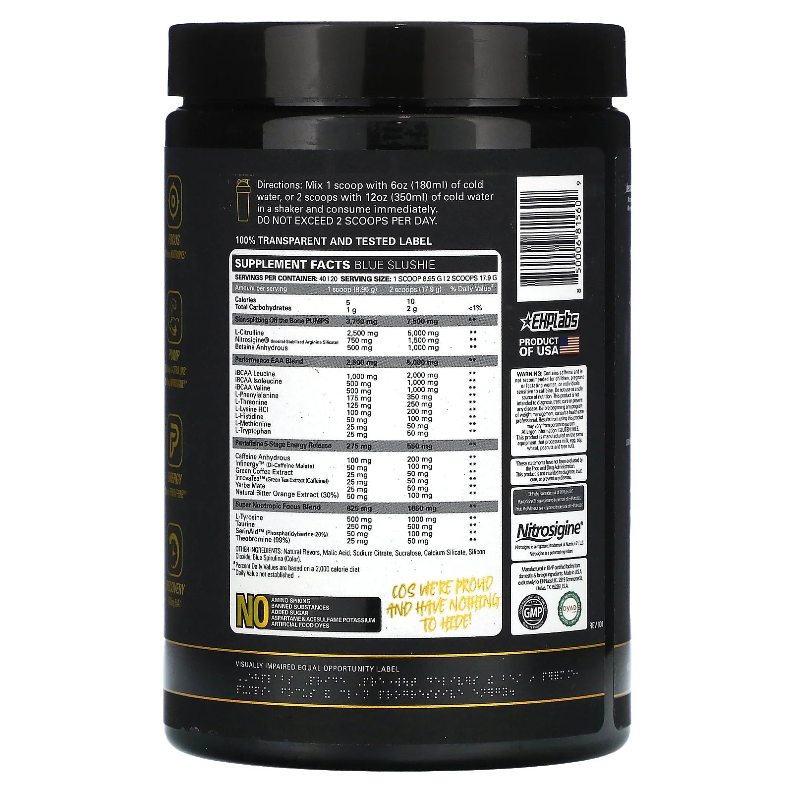 Pride Pre Workout Powder Energy Supplement - Sugar Free Preworkout for Men & Women, Energy Powder Boost Drink with BCAA - 280Mg of Caffeine - Blue Slushie (40 Servings)